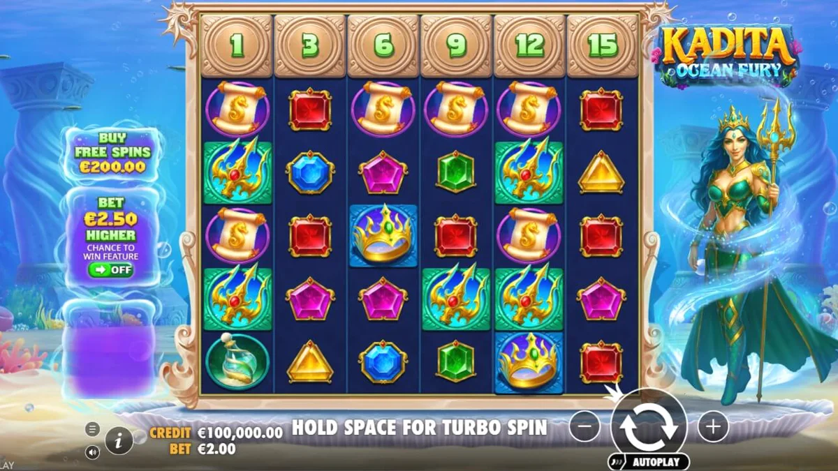 Pemandangan bawah laut dengan simbol mitologi di slot Kadita Ocean Fury