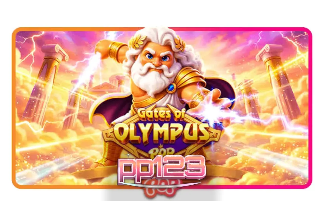 Tampilan layar permainan slot Gates of Olympus POP dari Pragmatic Play, menampilkan Zeus yang tersenyum di sisi grid 3x5 yang penuh dengan simbol permata dan mahkota.